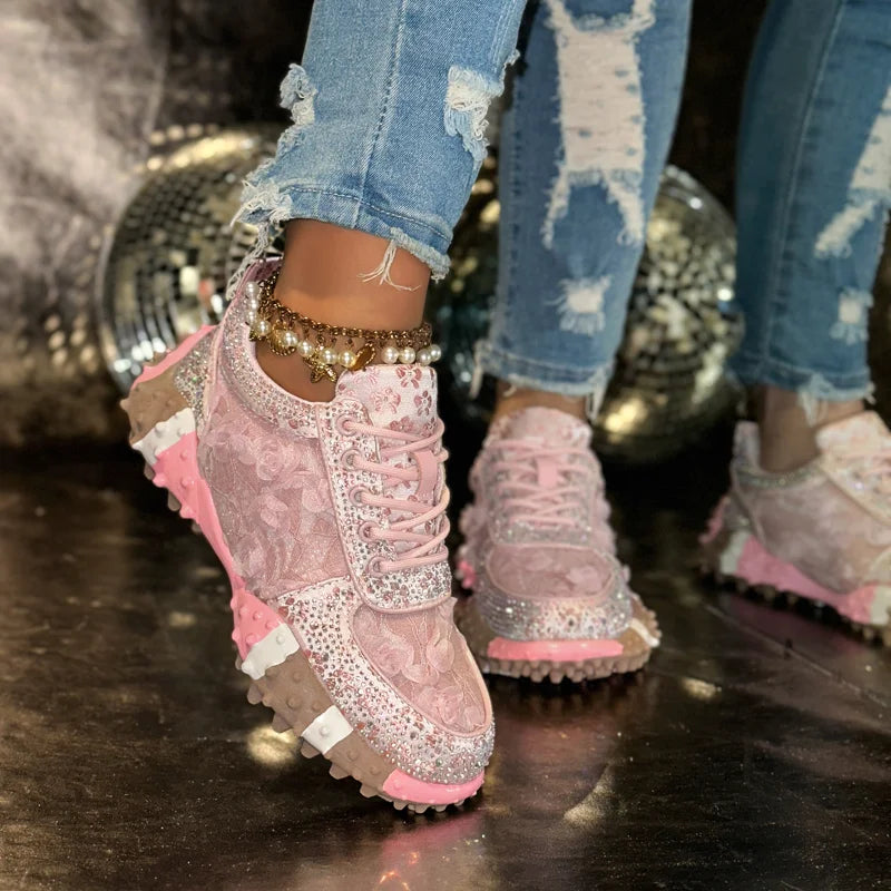 Women's Rhinestone Sneakers – Thick Sole Casual Sport Shoes