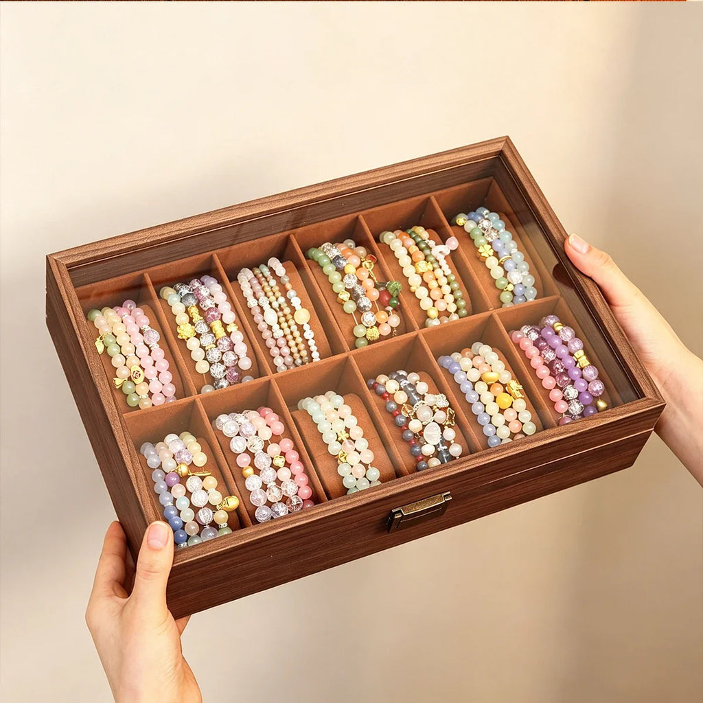 Wooden Bracelet Multi Slot Jewelry Storage Box Velvet Lined Bead