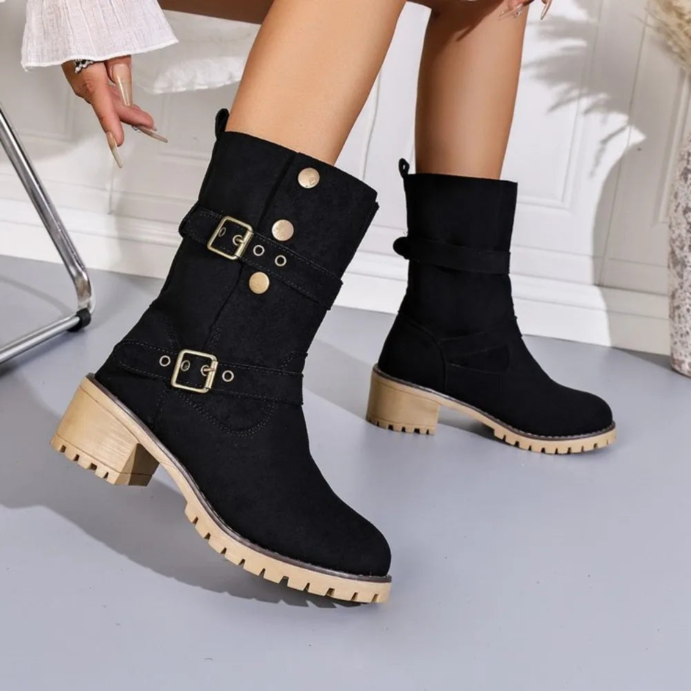 VKJF Women's Vintage Western Mid-Calf Boots | Buckle Slip-On