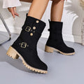 VKJF Women's Vintage Western Mid-Calf Boots | Buckle Slip-On