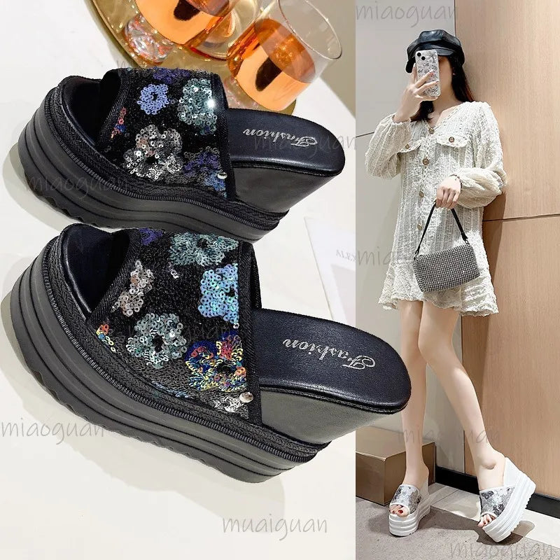 Women's Glitter Wedge Slide Sandals – High Heel Beach Slippers