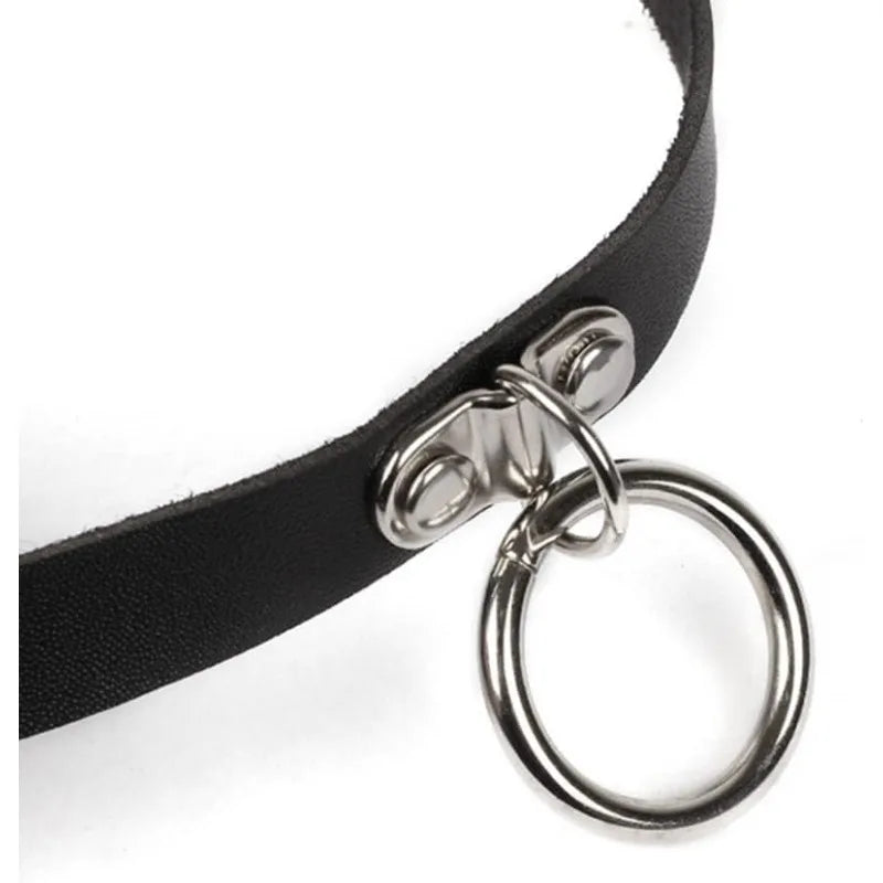 Black Leather O-Ring Choker – Gothic Adjustable Collar Necklace