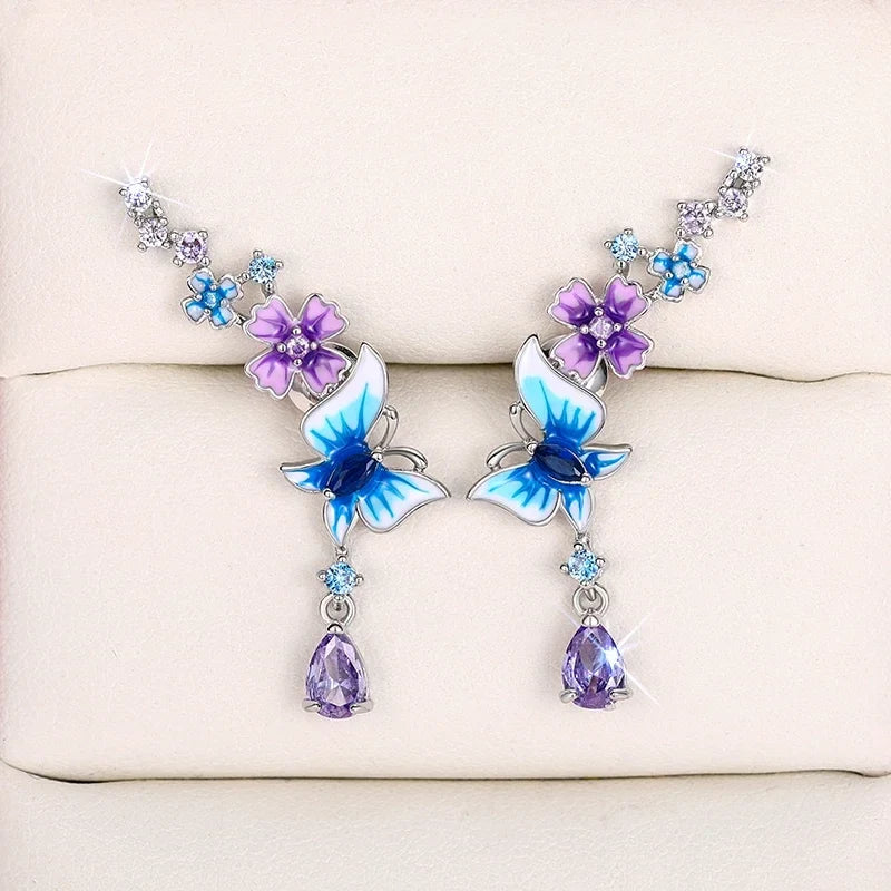 Huitan Butterfly Flower Drop Earrings | Colorful CZ Women's Jewelry