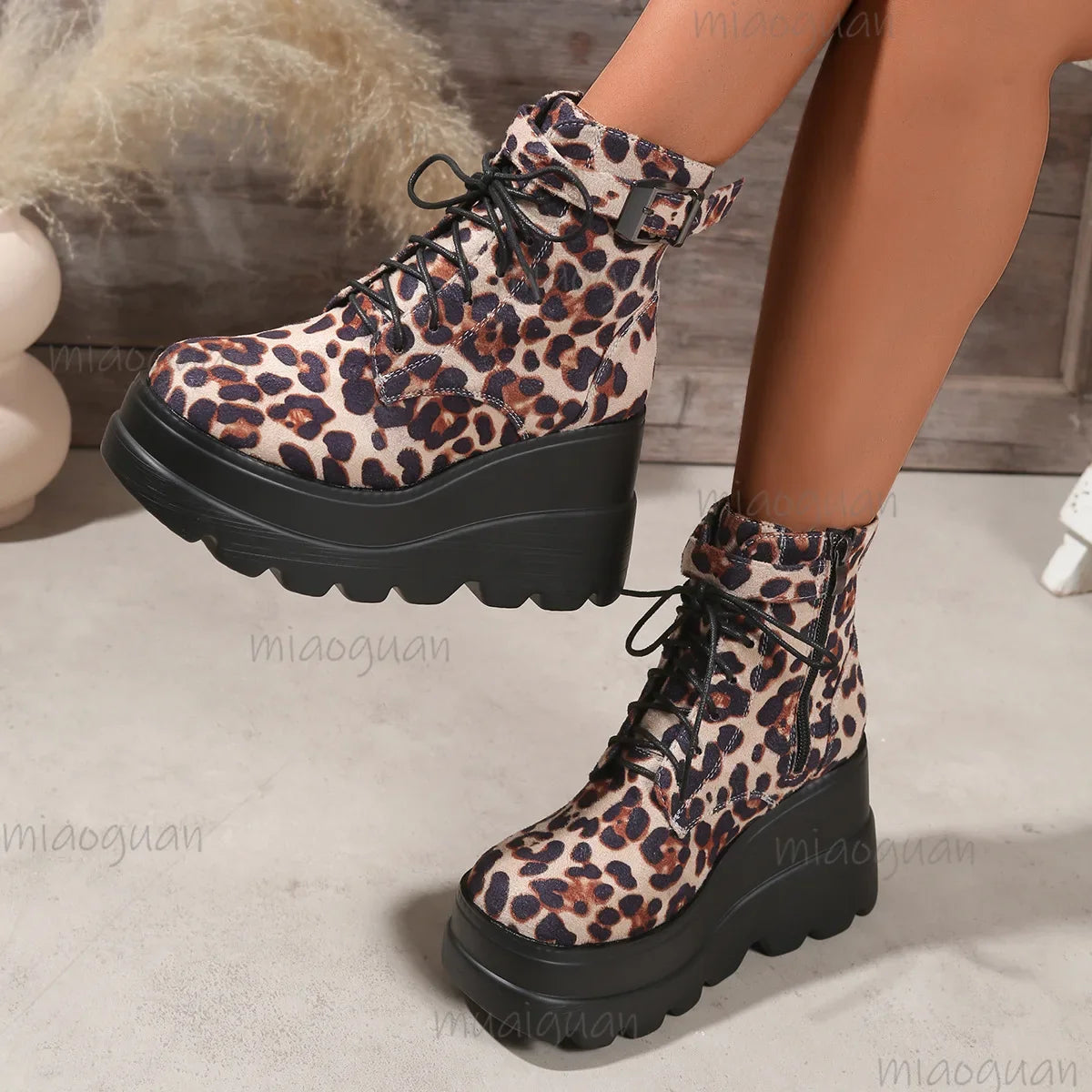 Women's Leopard Print Goth Ankle Boots | Chunky Wedge Heel