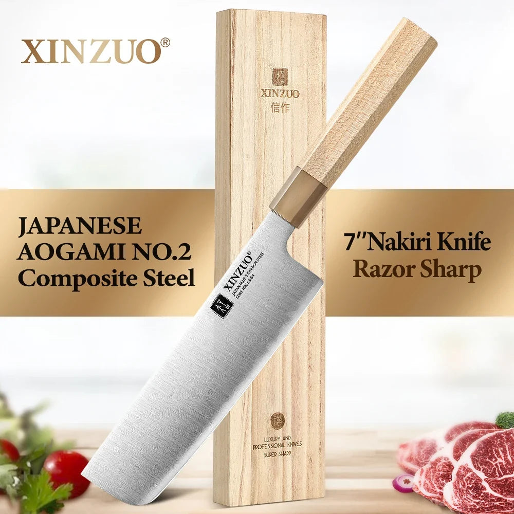 XINZUO 7" Nakiri Knife Aogami No.2 Carbon Steel | Octagonal Handle