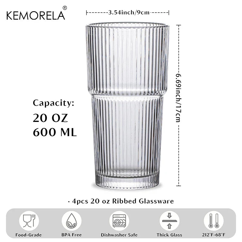 KEMORELA Ribbed Glass Tumblers 590ml | Set of 2 or 4