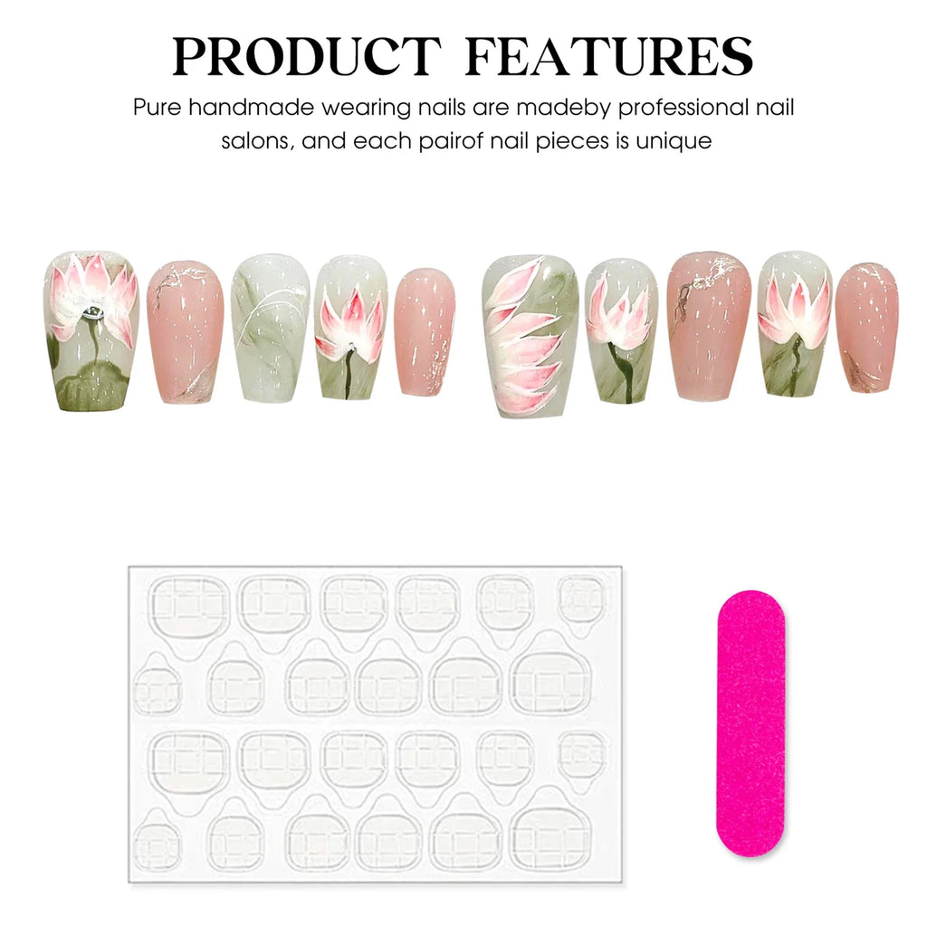YADORNOS Lotus Press On Nails | Chinese Floral Pink Fake Nails