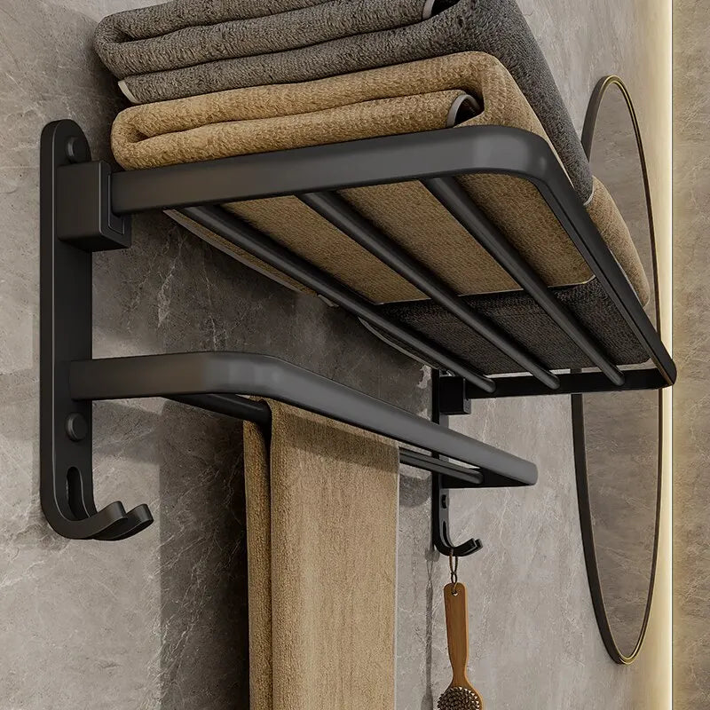 Matte Black Folding Double Bar Towel Rack | Wall Mount + Hook