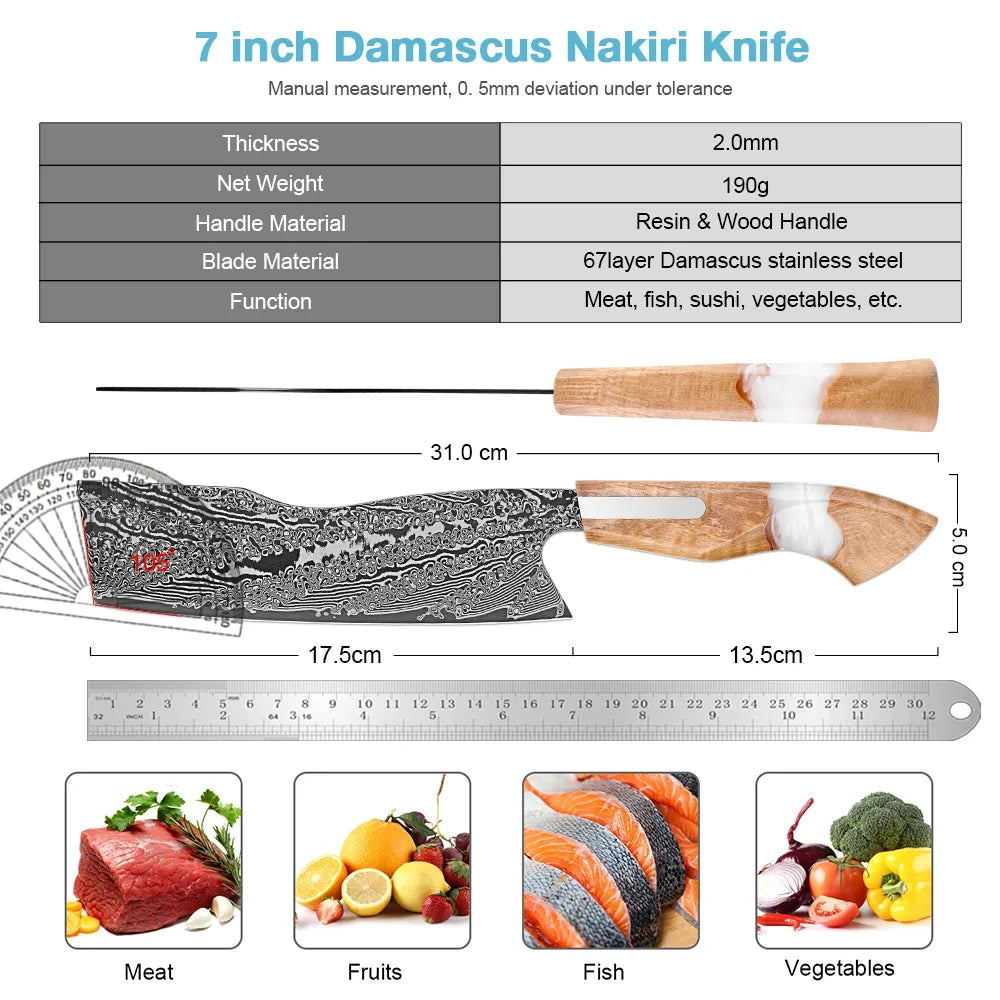 XITUO 7" Japanese Nakiri Knife – Damascus Steel Vegetable Cleaver