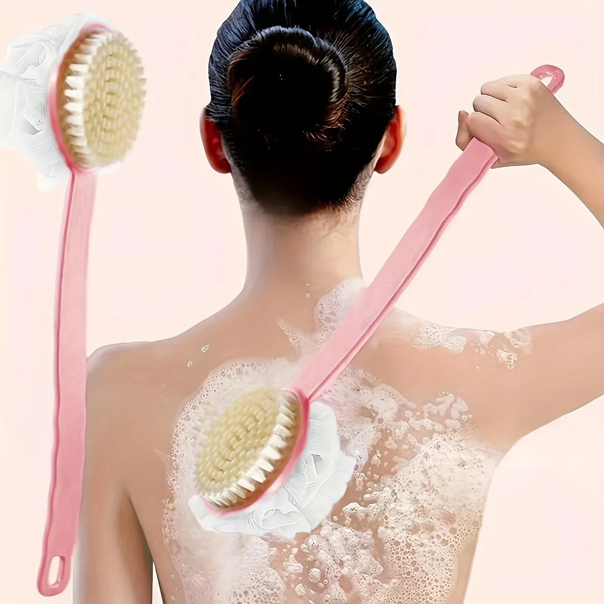 Long Handle Bath Brush – Loofah & Bristles Body Scrubber