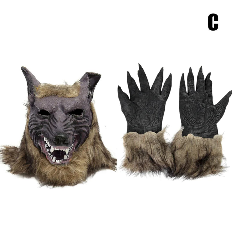 Halloween Wolf Mask & Plush Gloves Cosplay Costume Set