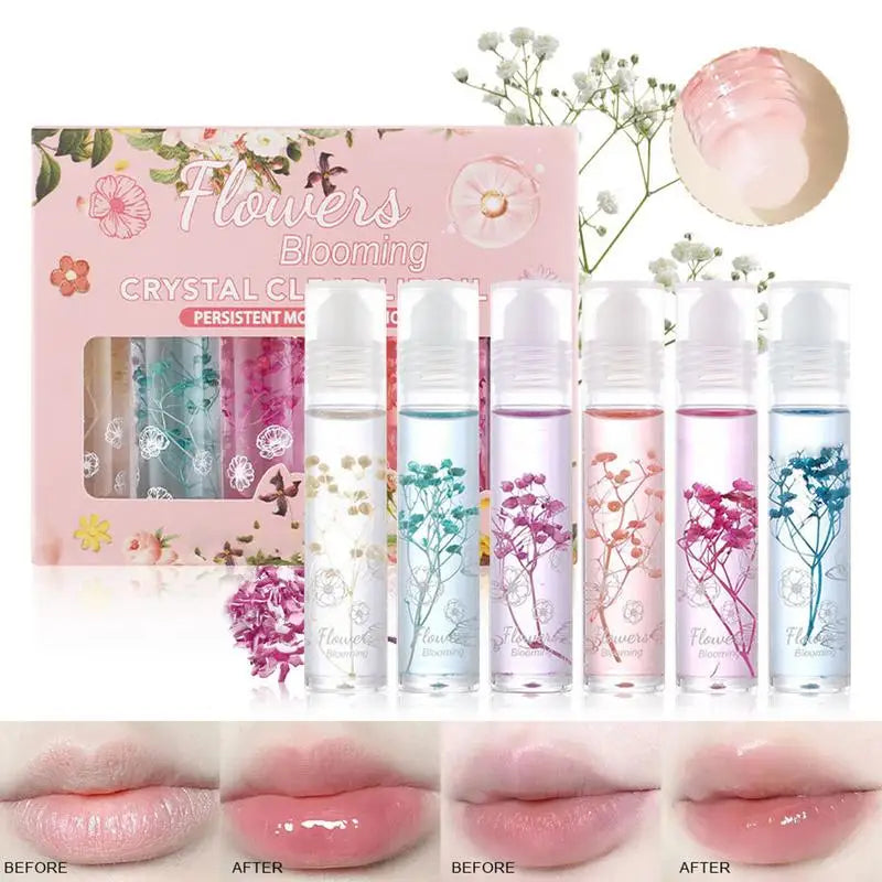 Flower Roll-On Lip Oil Set – Crystal Clear Gloss 6pc