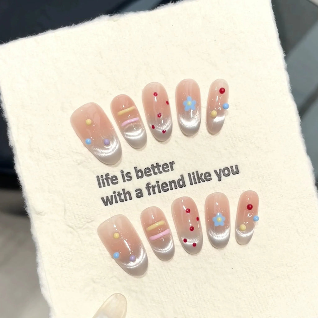 Handmade Press-On Nails | Almond Cat's Eye French Tip 3D Art
