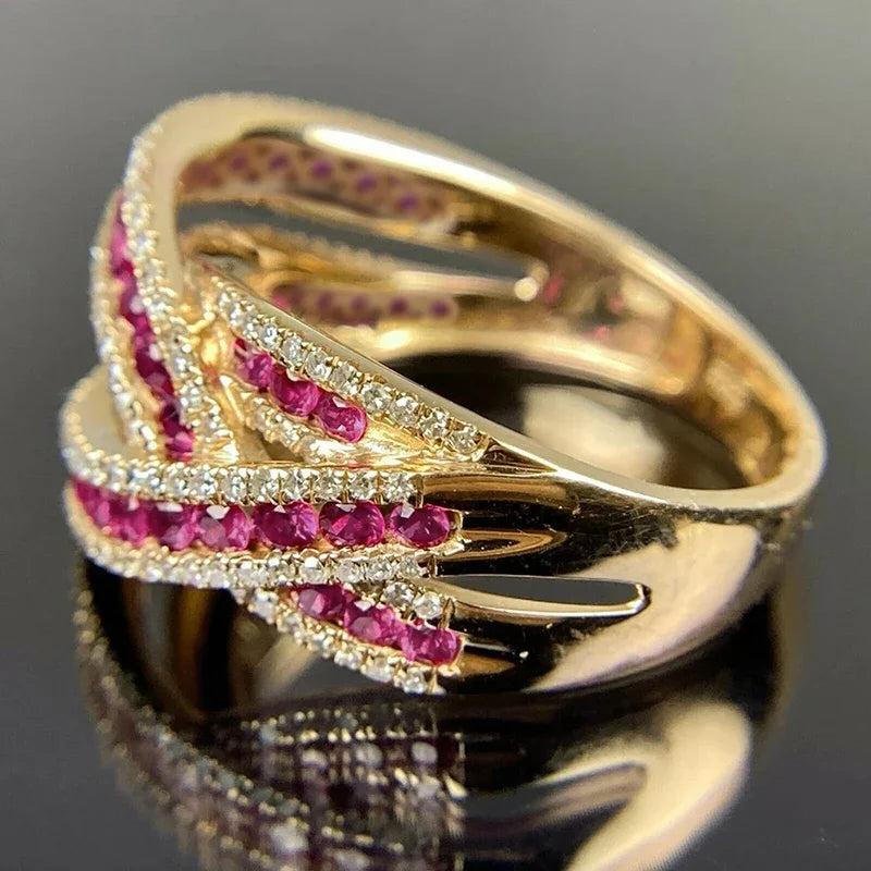 Huitan Rose Red CZ Cross Ring – Women's Wedding Band