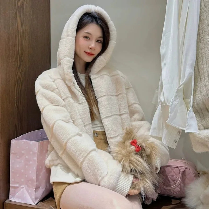 Women's Faux Mink Hoodie Jacket – Korean Style Winter Coat