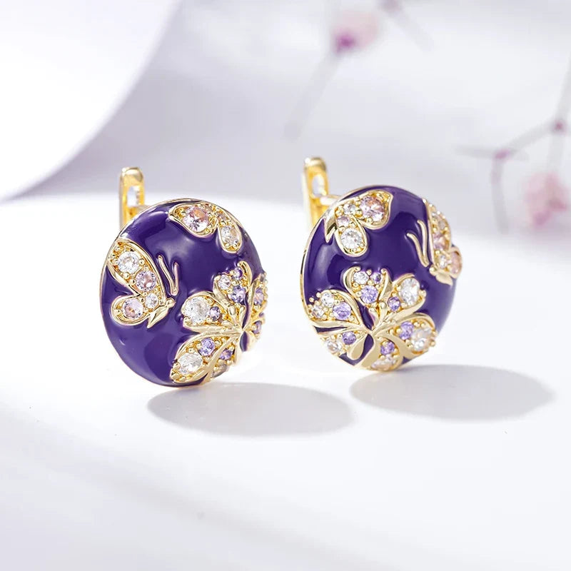 Huitan Purple Flower Enamel Gold Hoop Earrings for Women
