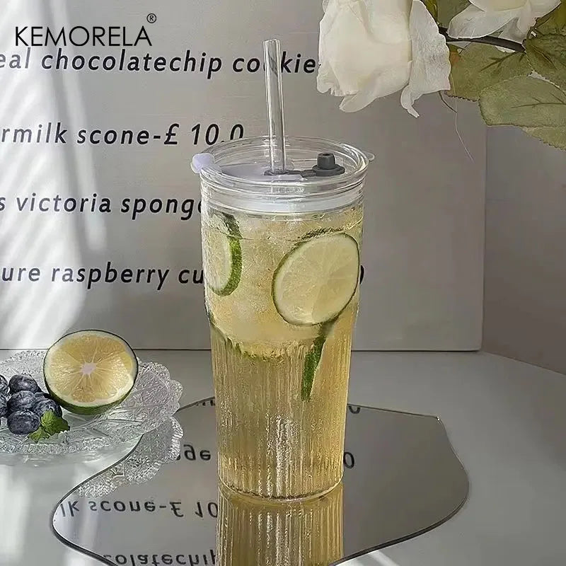 KEMORELA 600ml Stripe Glass Cup with Lid & Straw | 1 or 2 Pack