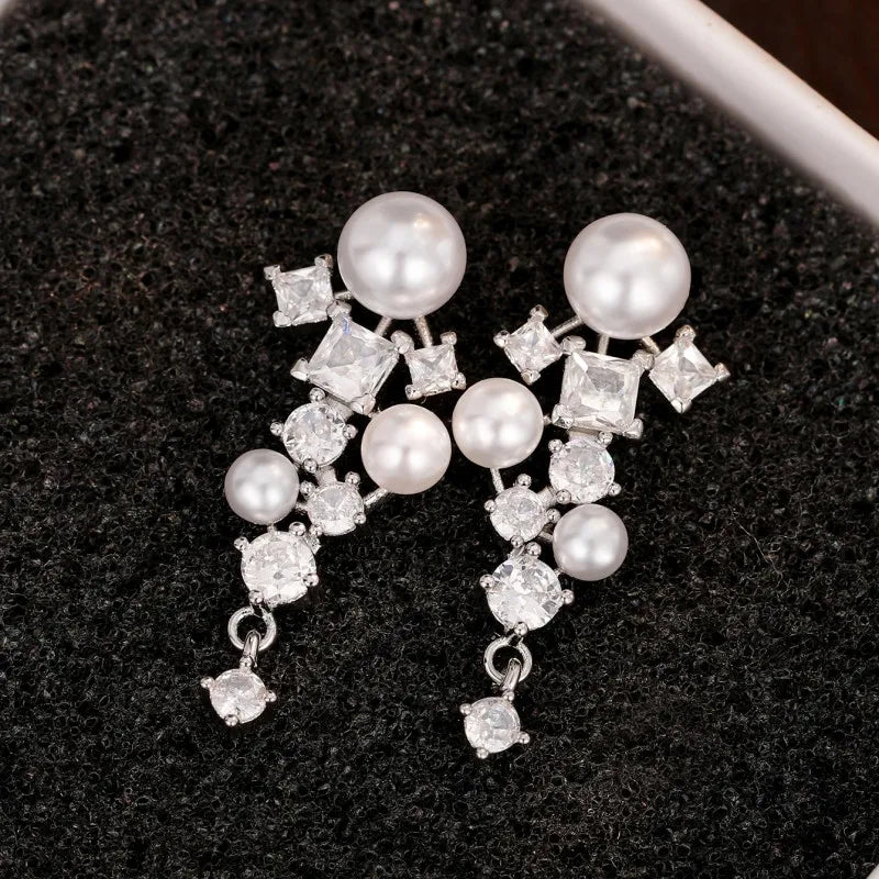Huitan Pearl & CZ Drop Earrings – Elegant Women's Jewelry