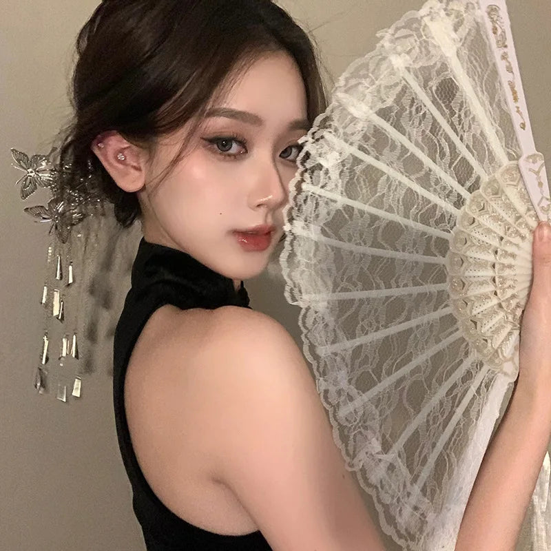 Dance Fan Ornament Ladies Lace Hand Black White Cloth Folding Fans