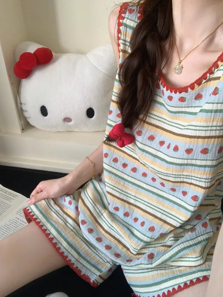 Women's Strawberry Print Pajama Set – Vest & Shorts Loungewear