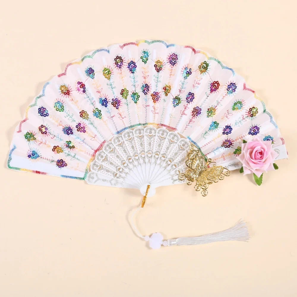 Sequin Embroidered Rose Lace Folding Fan Tassel Vintage European