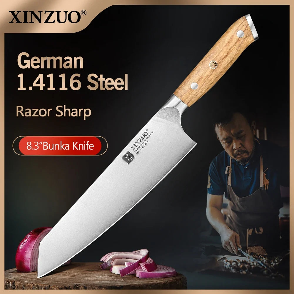 XINZUO 8.27" Bunka Chef Knife – German Steel & Olive Wood