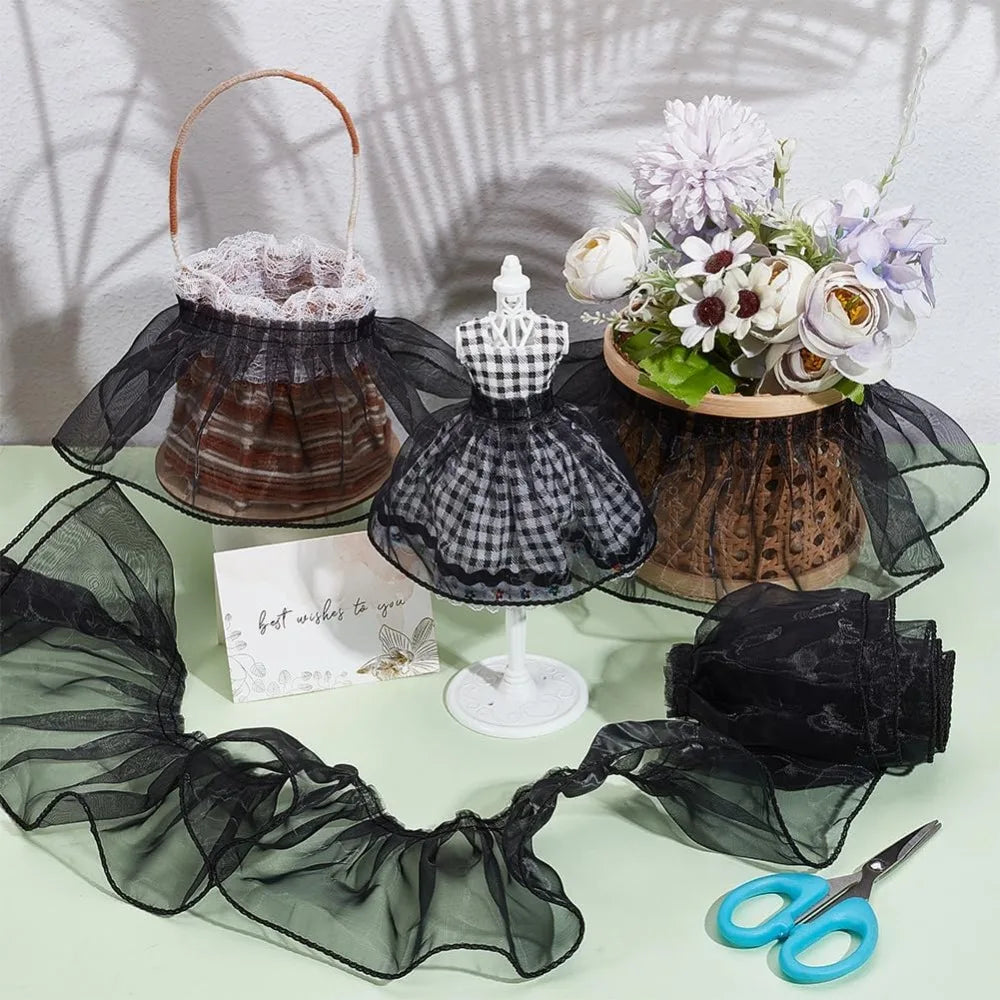 Black Organza Pleated Lace Ribbon Flower Trim 95mm – 8 Yards