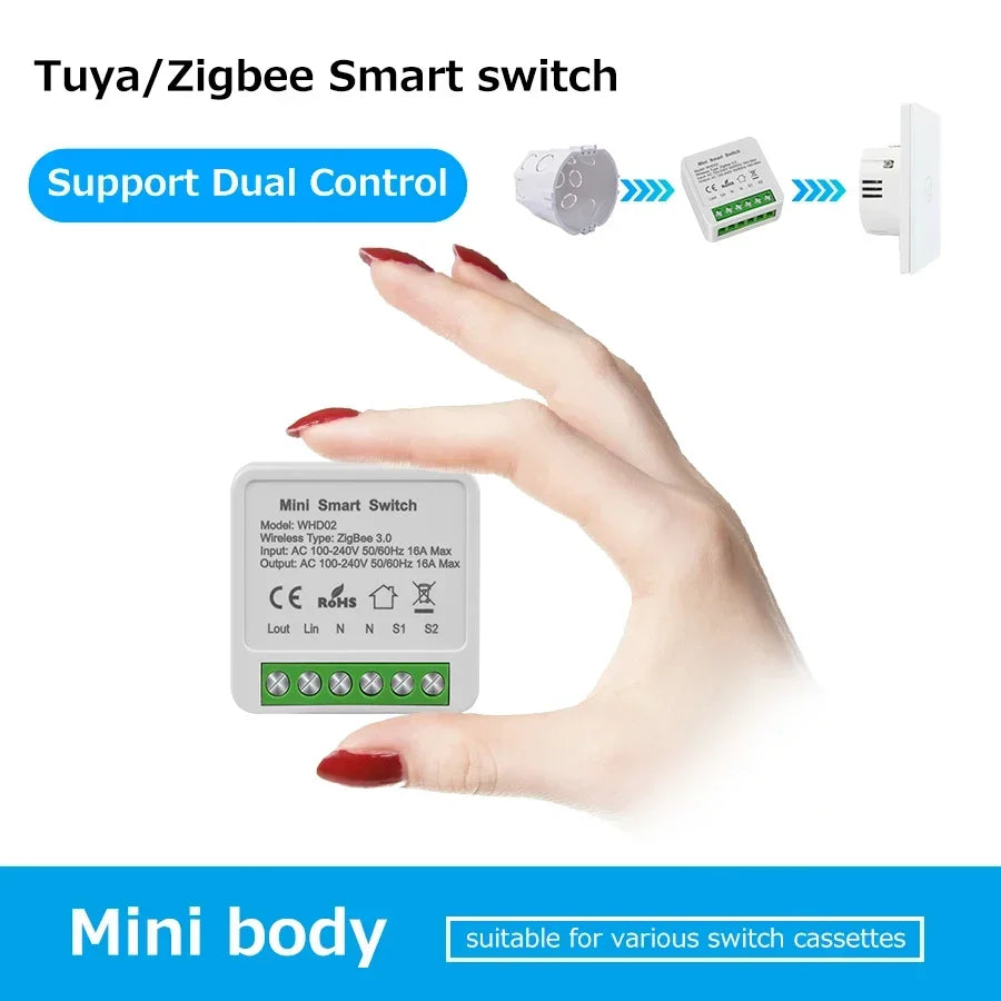 ZigBee/WiFi Tuya Smart Mini Relay Switch | 16A, 2-Way Control, Alexa & Google Home – App, Voice & Remote Control