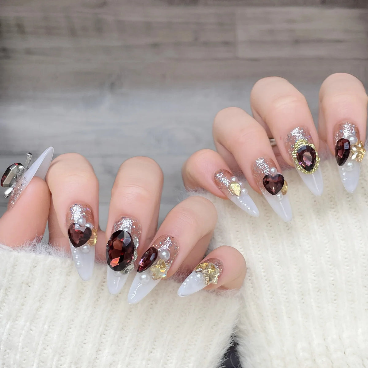 Handmade Press Nails Autumn Winter Sparkling French Cat Eye Fake
