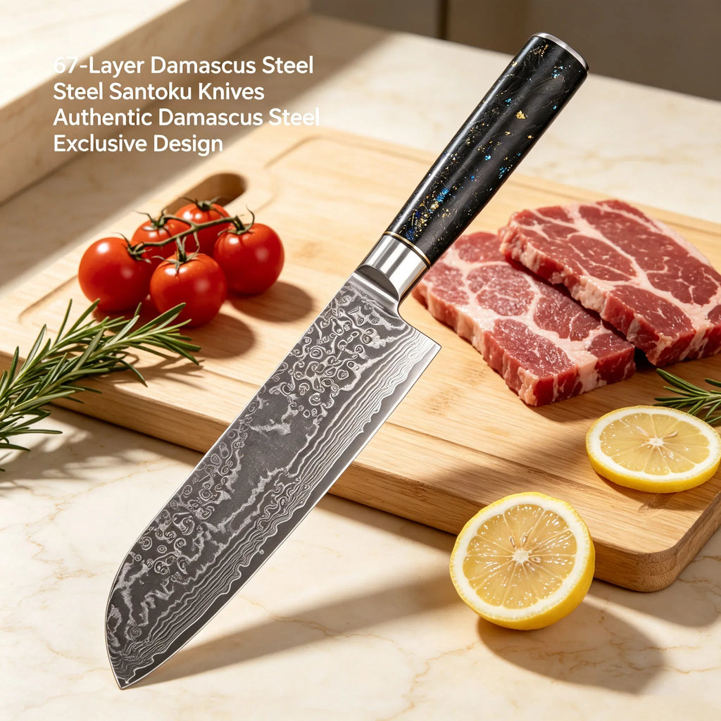 67-Layer Damascus Steel Santoku Knife – Sharp Chef Kitchen Knife