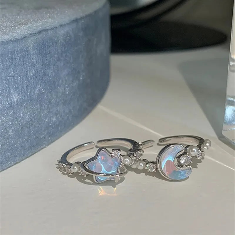 Exquisite Blue Star Moon Zircon Ring Women Niche Design Accessory