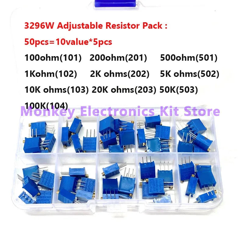 50-Piece 3296W Multiturn Trimmer Potentiometer Kit + Box