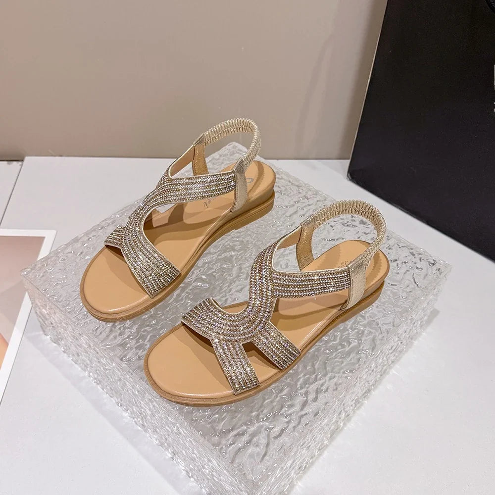 Women's Rhinestone Wedge Sandals – Slip-On Roman Summer Shoes