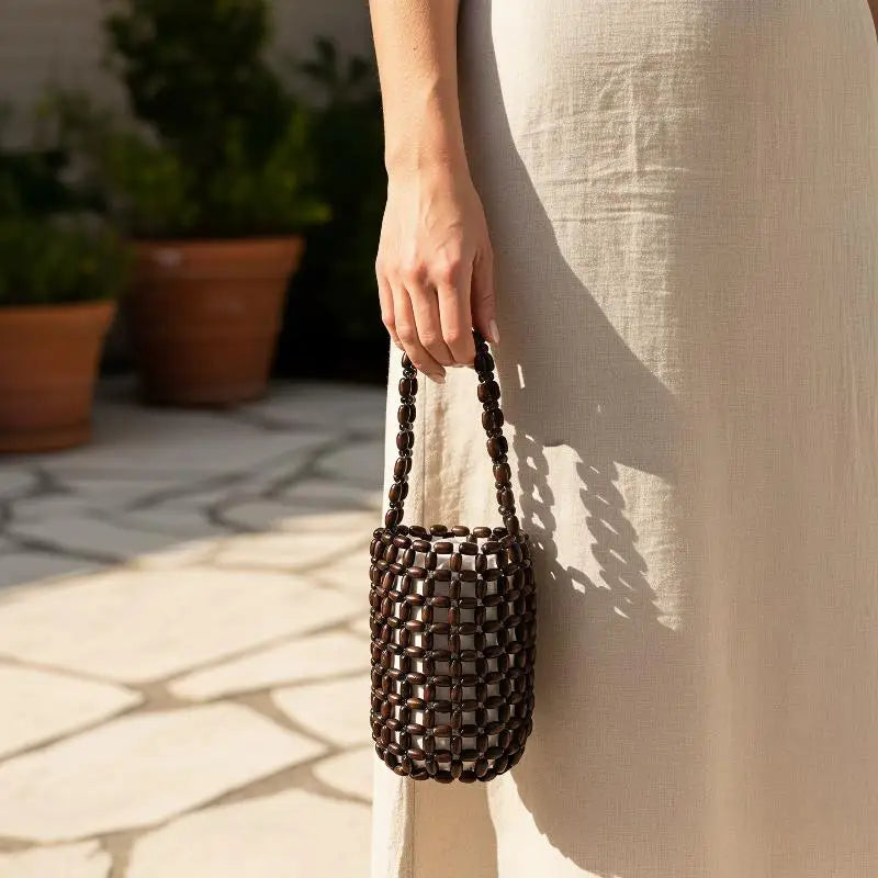 Handmade Wood Bead Mini Bucket Bag – Boho Wrist Purse