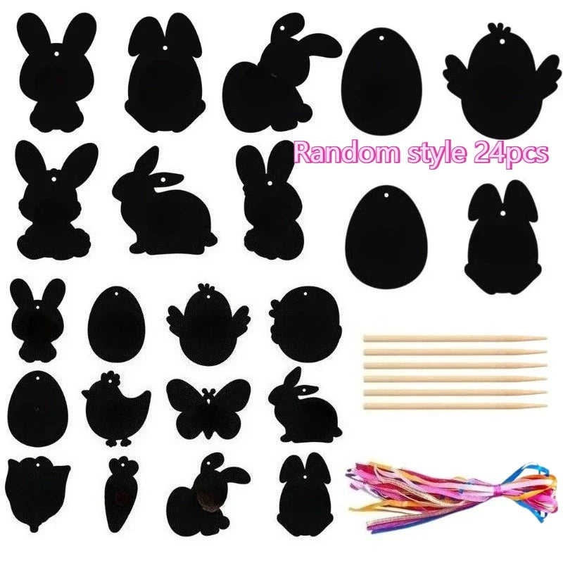 Scratch Paper Cards with Wooden Stylus & Ribbons – 24/48 Pc DIY