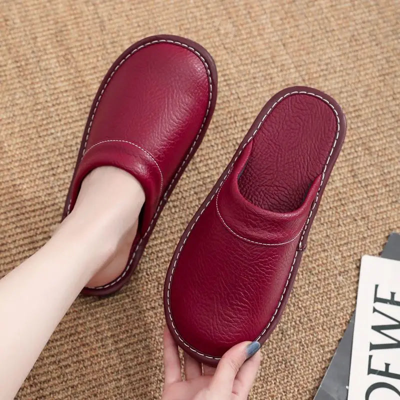 Lorilury Non-Slip Waterproof Indoor Leather Slippers Men Women