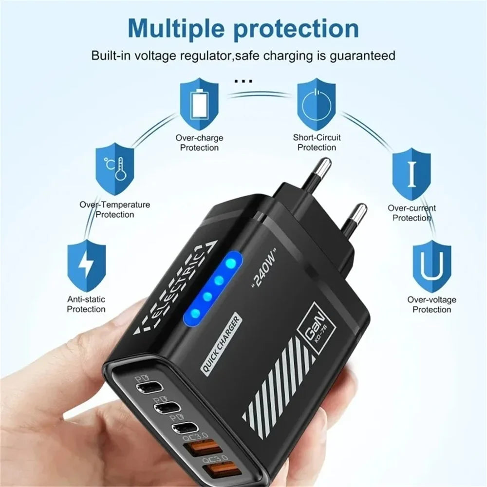 240W GaN 5-Port USB-C Wall Charger PD & QC3.0 with LED