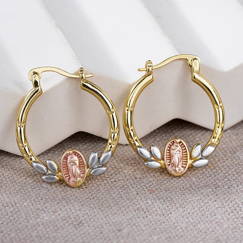 Huitan Virgin Mary Hoop Earrings – Gold Leaf Enamel Circle