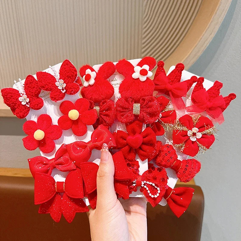 8-Piece Girls Red Bow Hair Clips – Handmade Ribbon Barrettes