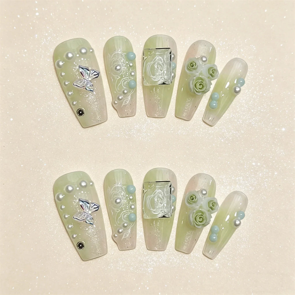 3D Rose Aurora Butterfly Press On Nails – 10pc Clear Green Set