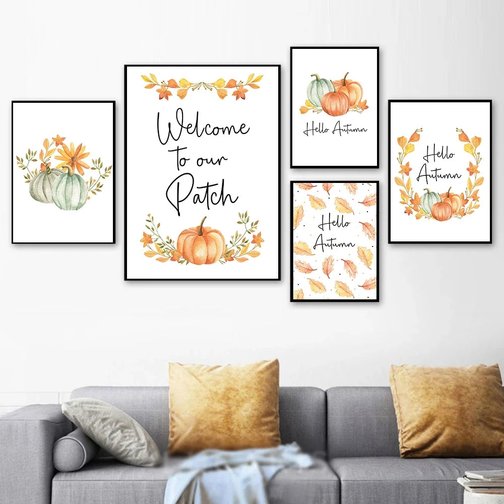 Hello Fall Autumn Pumpkin Canvas Wall Art | Unframed Print
