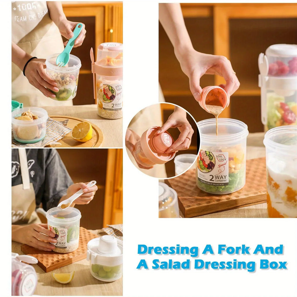 Portable Salad Cups Container Plastic Lid Fork Overnight Cup