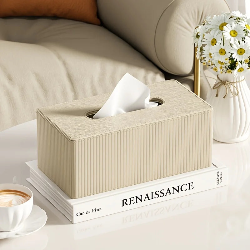 Luxury Leather Tissue Box Holder Striped Design 3 Colors Square Cover