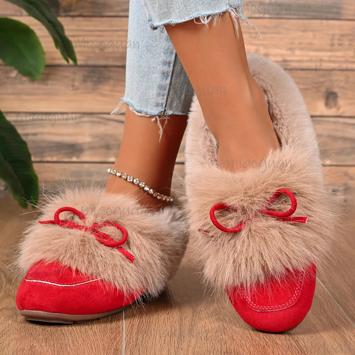Women's Retro Faux Fur Bow Slip-On Flats – Plush Warm Shoes