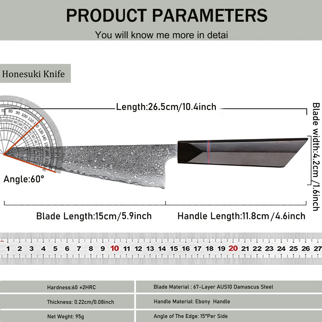 Honesuki Knife – 67-Layer Damascus Steel Boning & Slicing Knife