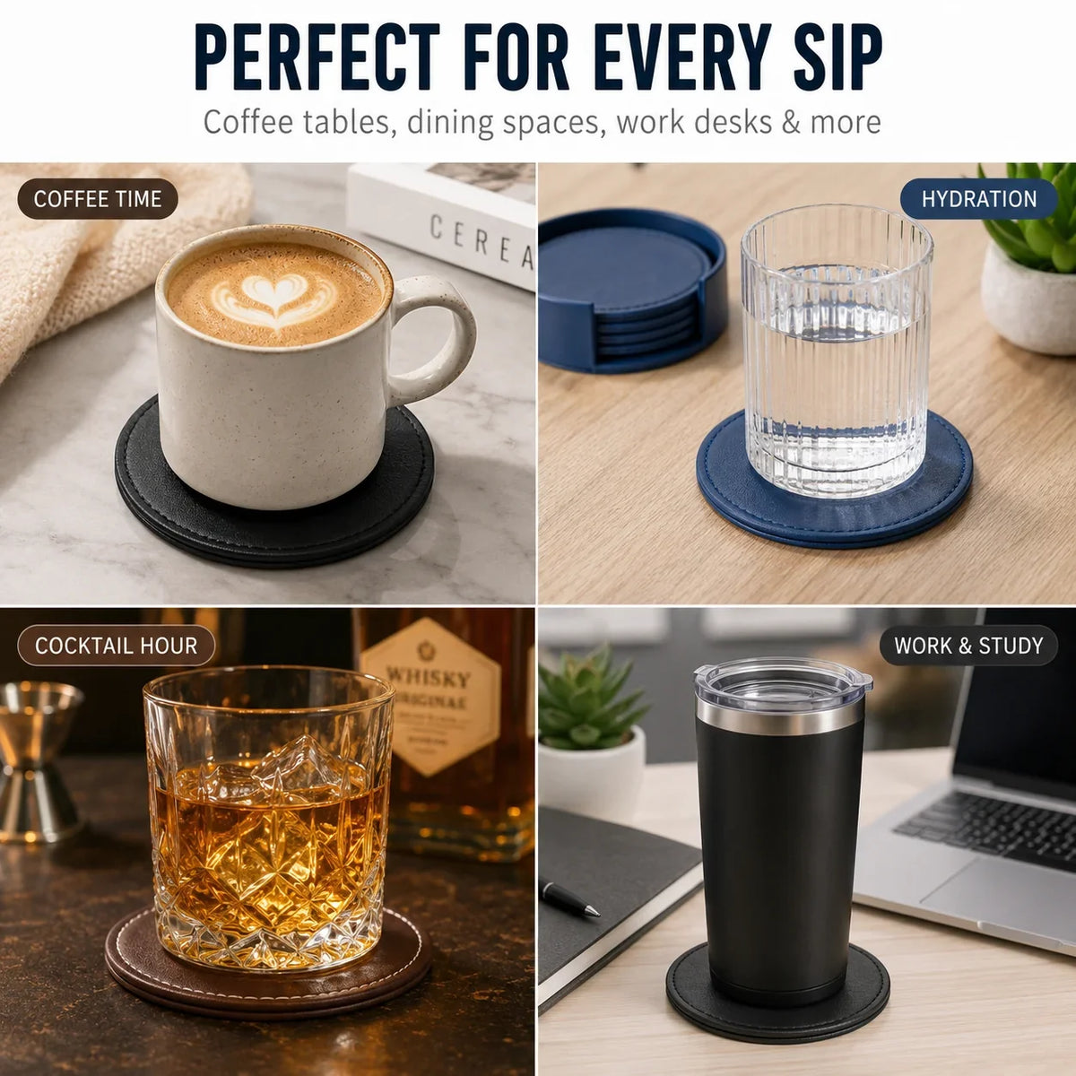 PU Leather Drink Coaster Set of 6 with Holder – Heat Resistant