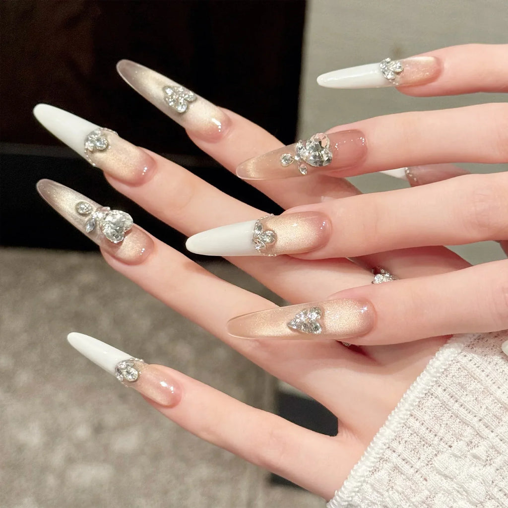 Handmade Press On Nails | French Golden Cat's Eye Almond 10pc