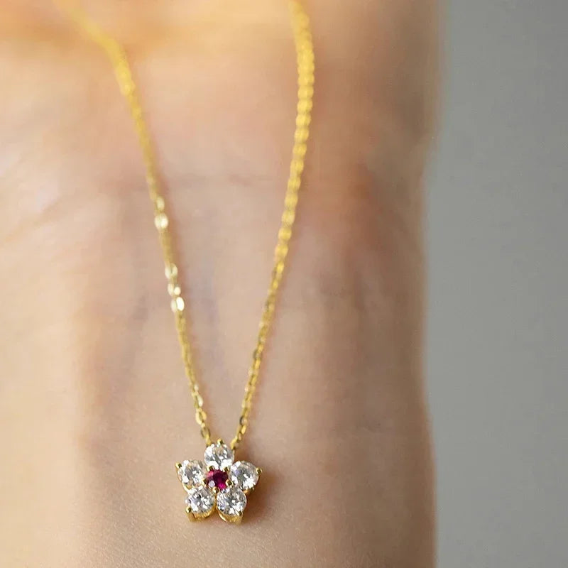 Huitan Flower Pendant Necklace Red CZ | Women's Fashion