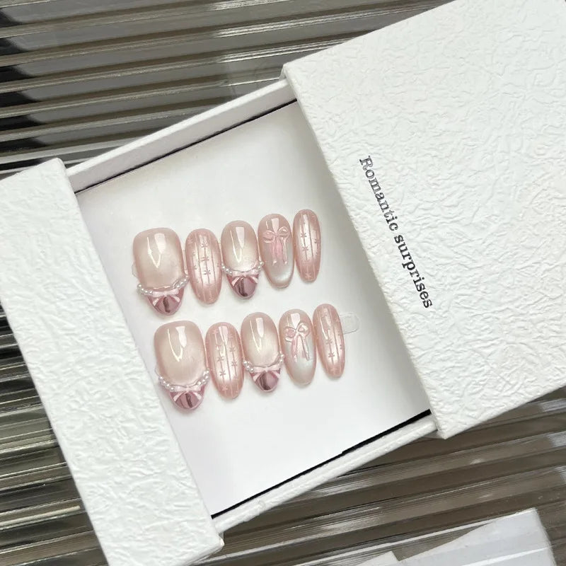 Handmade Sweet Bow Press-On Nails – Cat Eye French Almond | 10pcs