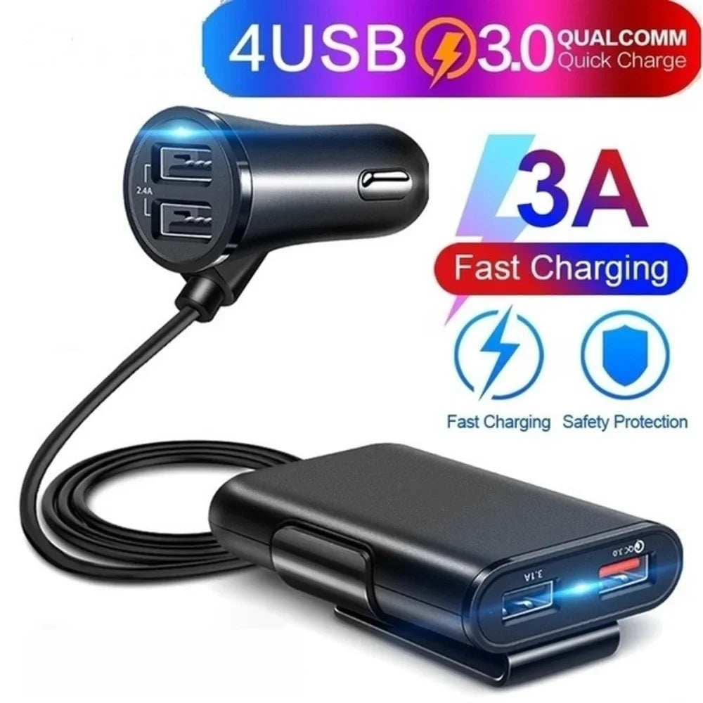4-Port USB Car Charger QC3.0 Fast Charging – Front & Back Seat